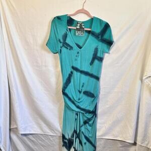 Young Fabulous & Broke Maxi Dress Womens XS Blue Green Ruched Cap Sleeve